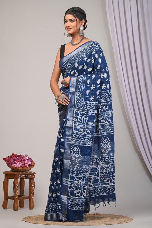 Bagru Hand Block Printed Saree In Linen Cotton With Blouse Piece - BFSGLC30