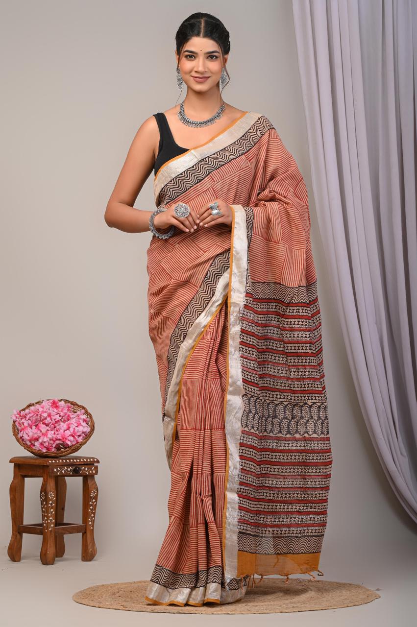 Bagru Hand Block Printed Saree In Linen Cotton With Blouse Piece - BFSGLC38