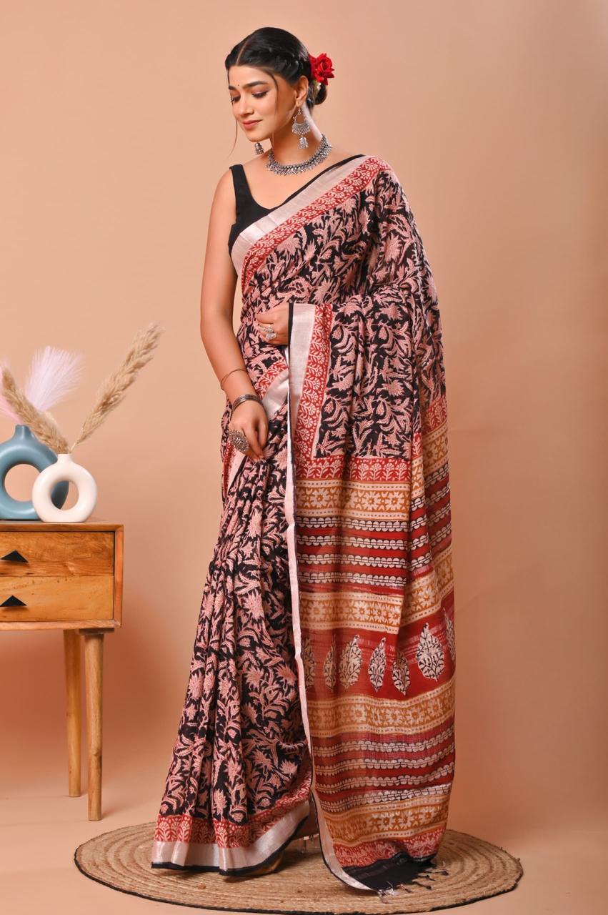 Bagru Hand Block Printed Saree In Linen Cotton With Blouse Piece - BFSGLC28