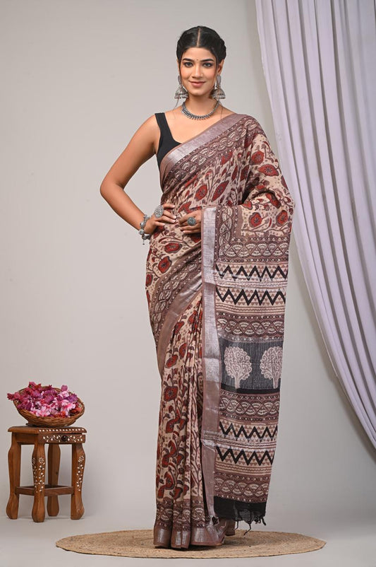 bagru, bagru Linen cotton saree, bagru saree, Ajrakh, Ajrakh Linen Sarees, saree,hand block saree