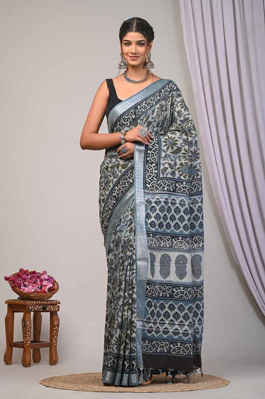 bagru, bagru Linen cotton saree, bagru saree, Ajrakh, Ajrakh Linen Sarees, saree,hand block saree