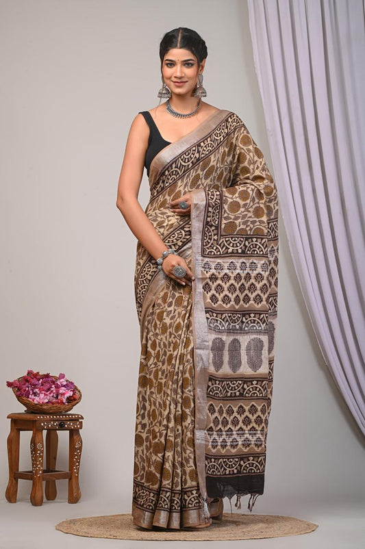 bagru, bagru Linen cotton saree, bagru saree, Ajrakh, Ajrakh Linen Sarees, saree,hand block saree