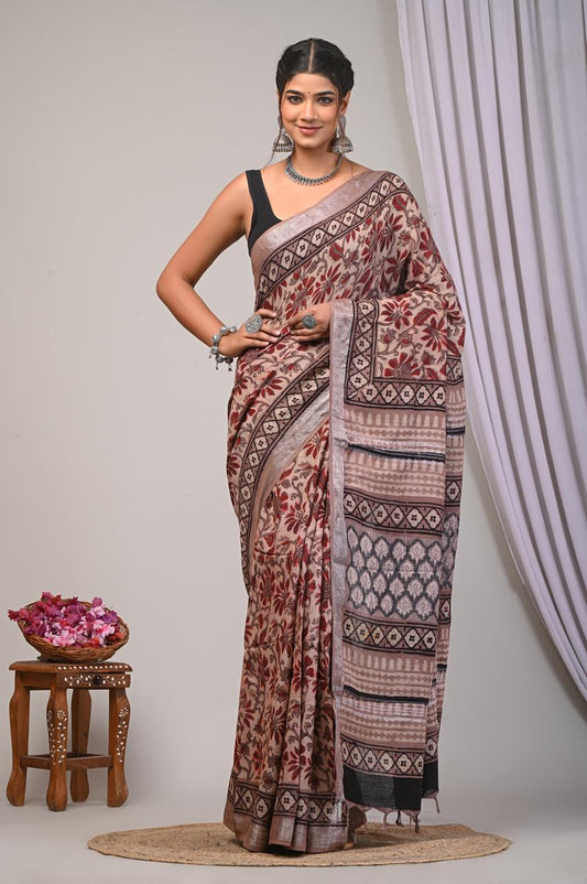 bagru, bagru Linen cotton saree, bagru saree, Ajrakh, Ajrakh Linen Sarees, saree,hand block saree