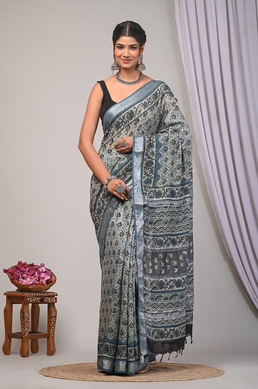 bagru, bagru Linen cotton saree, bagru saree, Ajrakh, Ajrakh Linen Sarees, saree,hand block saree