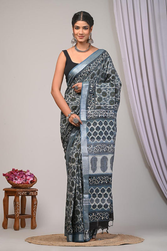 bagru, bagru Linen cotton saree, bagru saree, Ajrakh, Ajrakh Linen Sarees, saree,hand block saree