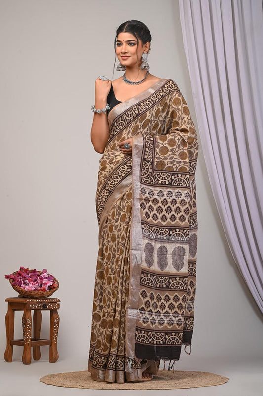 bagru, bagru Linen cotton saree, bagru saree, Ajrakh, Ajrakh Linen Sarees, saree,hand block saree