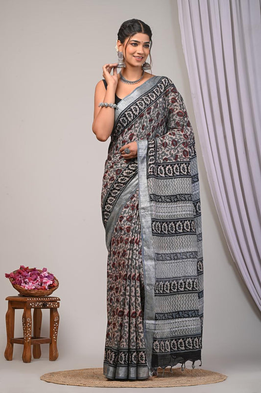 bagru, bagru Linen cotton saree, bagru saree, Ajrakh, Ajrakh Linen Sarees, saree,hand block saree