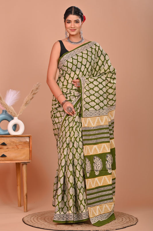 Bagru Cotton Hand Block Printed Saree With Blouse Piece - BFSGC10