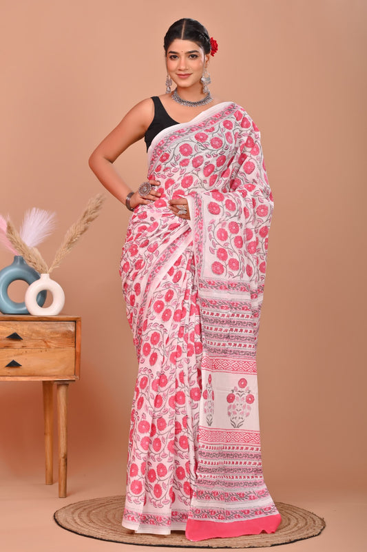 Bagru Cotton Hand Block Printed Saree With Blouse Piece - BFSGC12