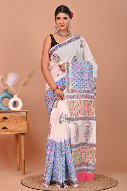 Bagru Cotton Hand Block Printed Saree With Blouse Piece - BFSGC13