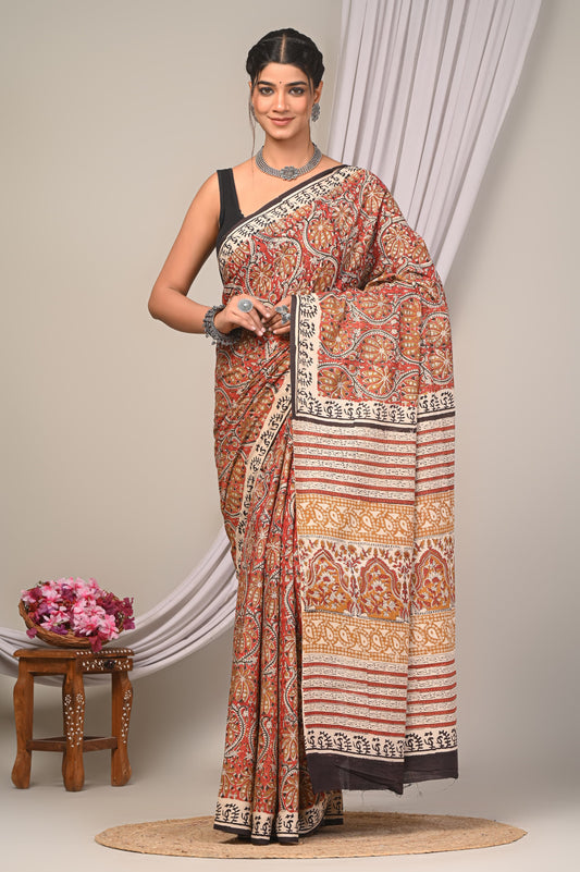 Bagru Cotton Hand Block Printed Saree With Blouse Piece - BFSGC14