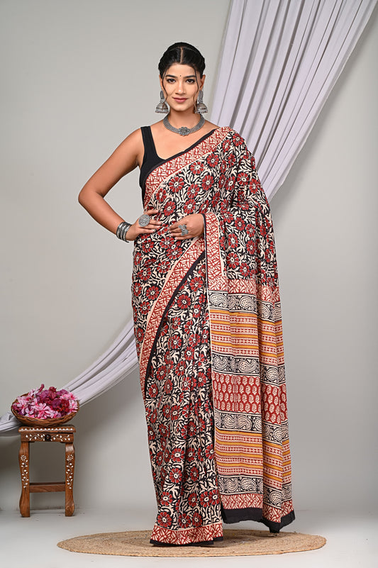 Bagru Cotton Hand Block Printed Saree With Blouse Piece - BFSGC15