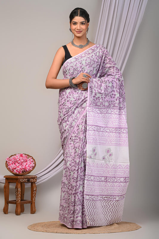 Bagru Cotton Hand Block Printed Saree With Blouse Piece - BFSGC18