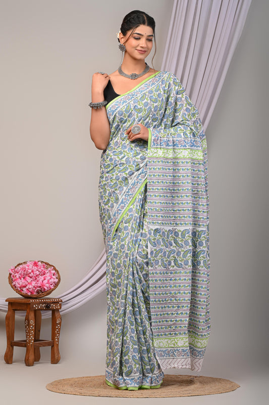 Bagru Cotton Hand Block Printed Saree With Blouse Piece - BFSGC19