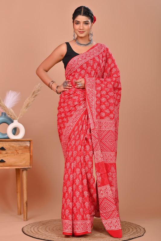 Bagru Cotton Hand Block Printed Saree With Blouse Piece - BFSGC1