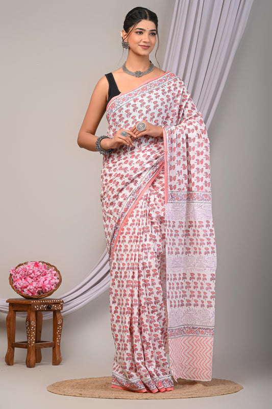 Bagru Cotton Hand Block Printed Saree With Blouse Piece - BFSGC20