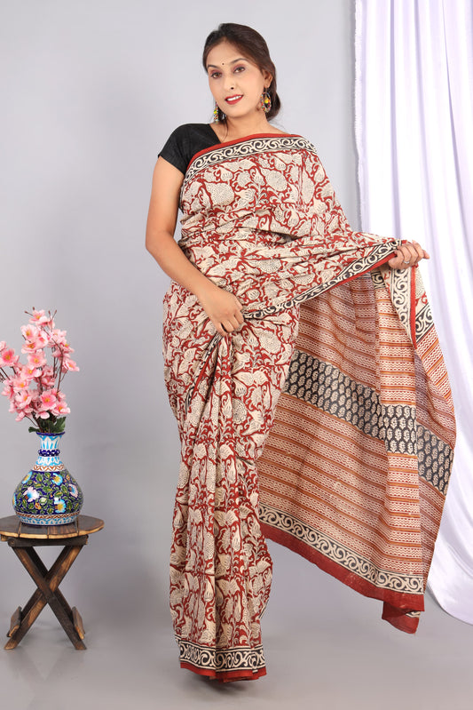 Bagru Cotton Hand Block Printed Saree With Blouse Piece - BFSGC22