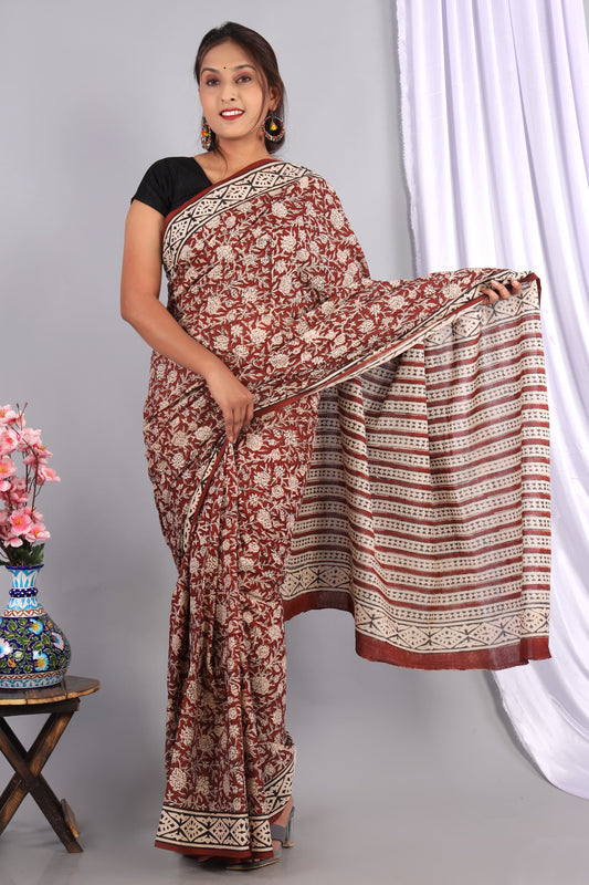 Bagru Cotton Hand Block Printed Saree With Blouse Piece - BFSGC23