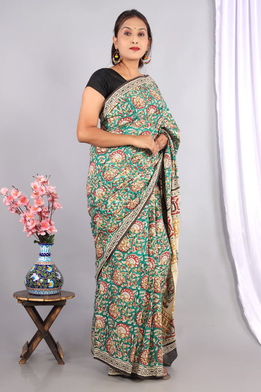 Bagru Cotton Hand Block Printed Saree With Blouse Piece - BFSGC27