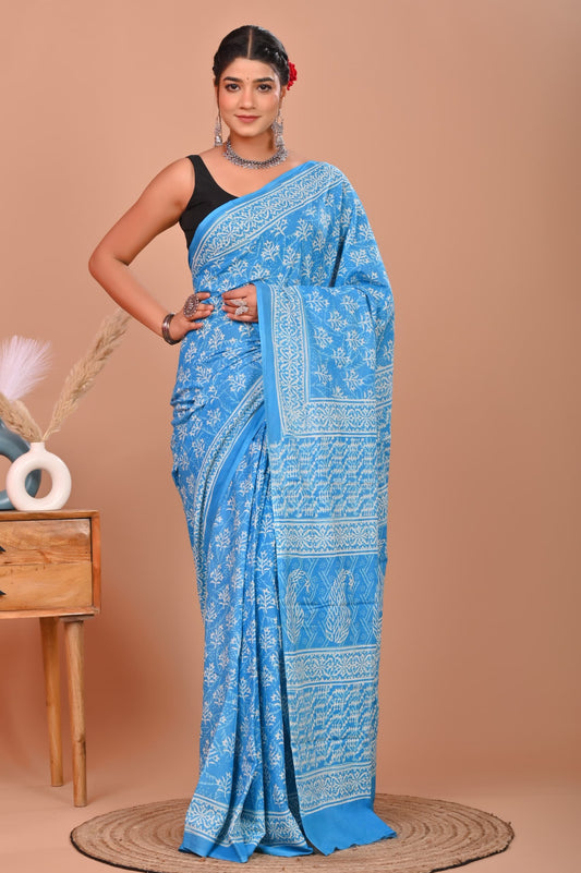 Bagru Cotton Hand Block Printed Saree With Blouse Piece - BFSGC2