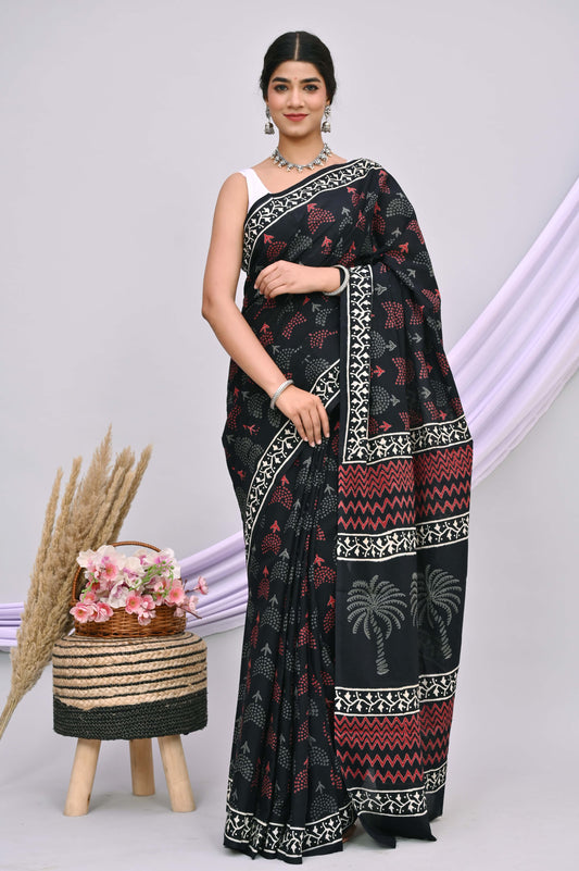 Bagru Cotton Hand Block Printed Saree With Blouse Piece - BFSGC30