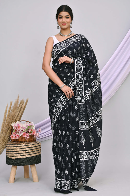 Bagru Cotton Hand Block Printed Saree With Blouse Piece - BFSGC31