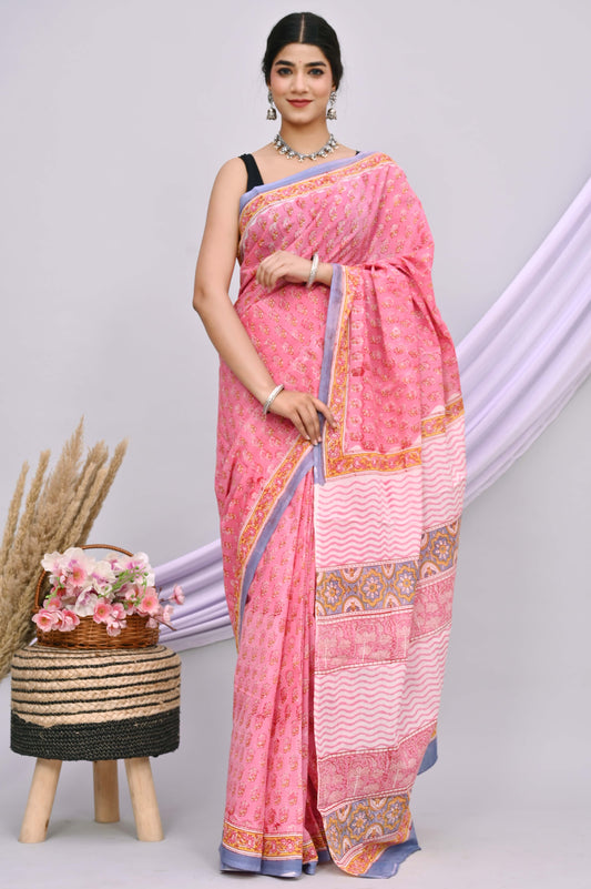 Bagru Cotton Hand Block Printed Saree With Blouse Piece - BFSGC32