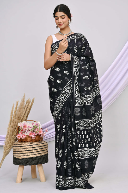 Bagru Cotton Hand Block Printed Saree With Blouse Piece - BFSGC33