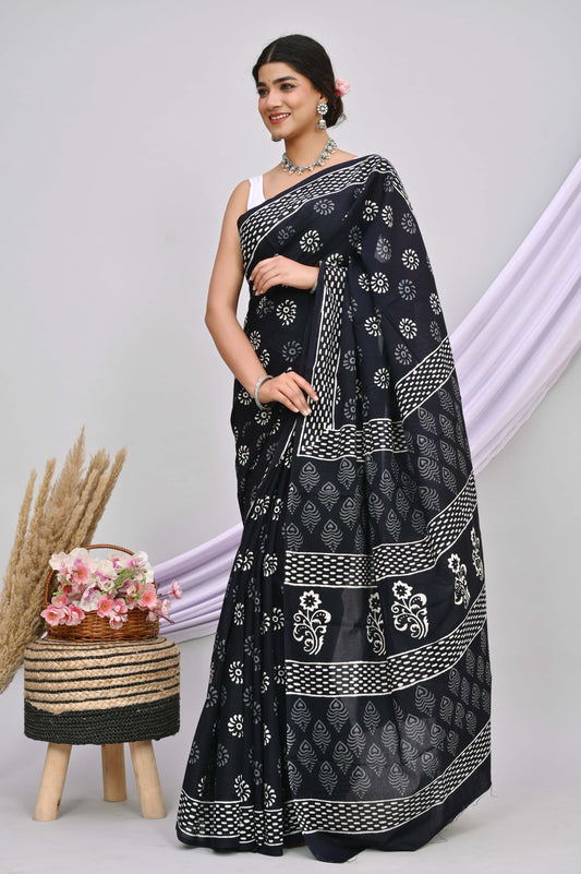 Bagru Cotton Hand Block Printed Saree With Blouse Piece - BFSGC34