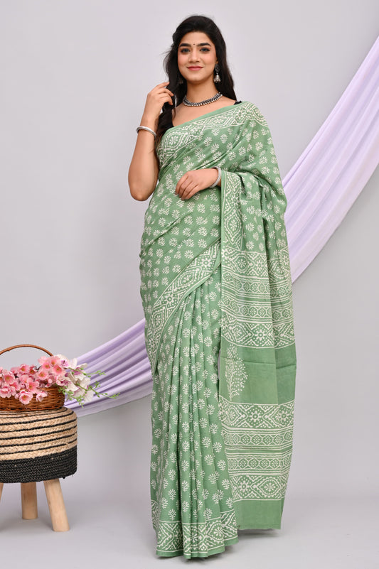 Bagru Cotton Hand Block Printed Saree With Blouse Piece - BFSGC36