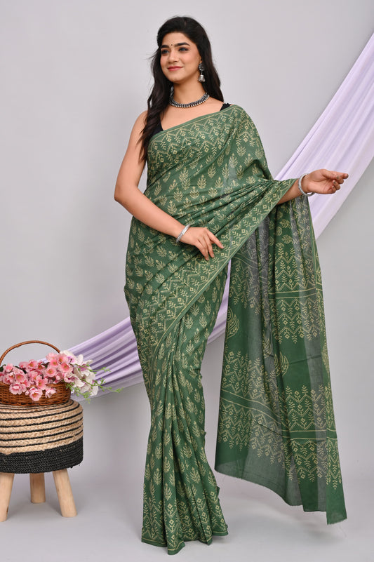 Bagru Cotton Hand Block Printed Saree With Blouse Piece - BFSGC37