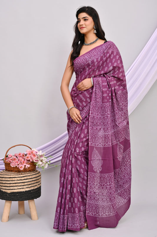 Bagru Cotton Hand Block Printed Saree With Blouse Piece - BFSGC38