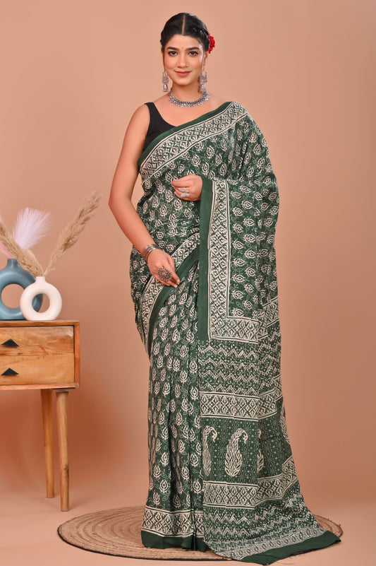 Bagru Cotton Hand Block Printed Saree With Blouse Piece - BFSGC3