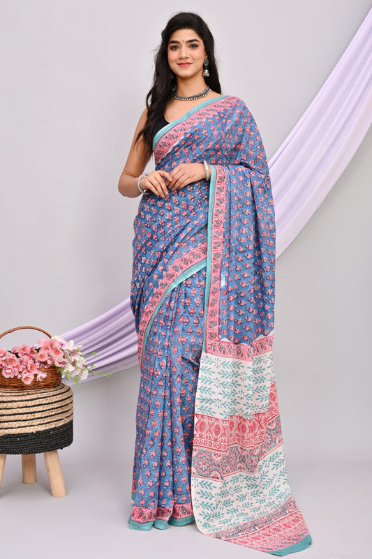 Bagru Cotton Hand Block Printed Saree With Blouse Piece - BFSGC40