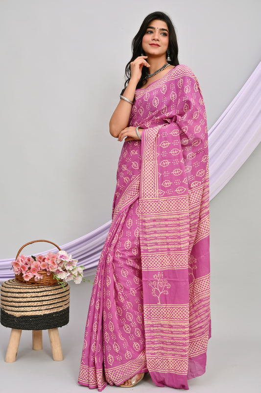 Bagru Cotton Hand Block Printed Saree With Blouse Piece - BFSGC41