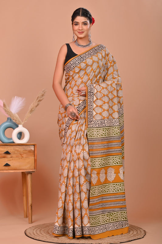 Bagru Cotton Hand Block Printed Saree With Blouse Piece - BFSGC4