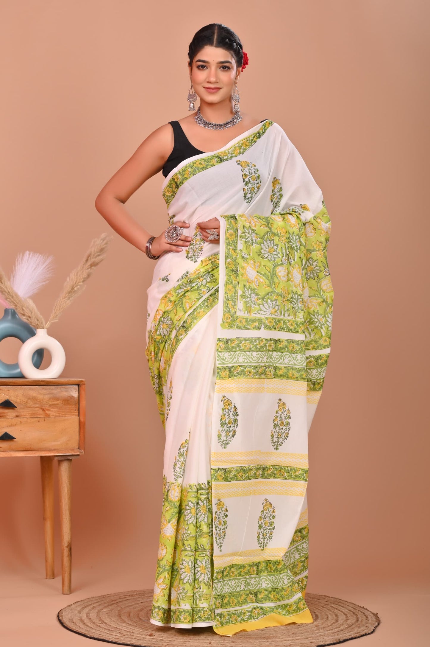 Bagru Cotton Hand Block Printed Saree With Blouse Piece - BFSGC8