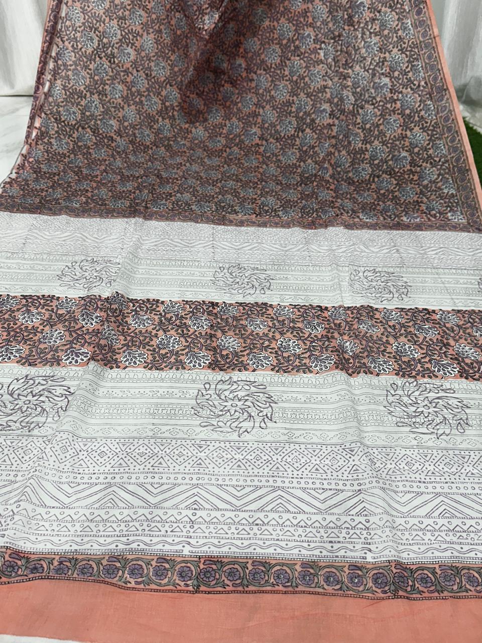 Bagru Cotton Hand Block Printed Saree With Blouse Piece - BFSGC82