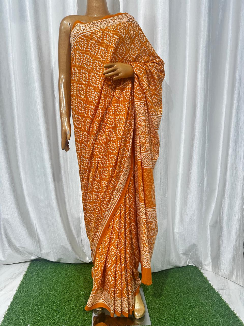 Bagru Cotton Hand Block Printed Saree With Blouse Piece - BFSGC86