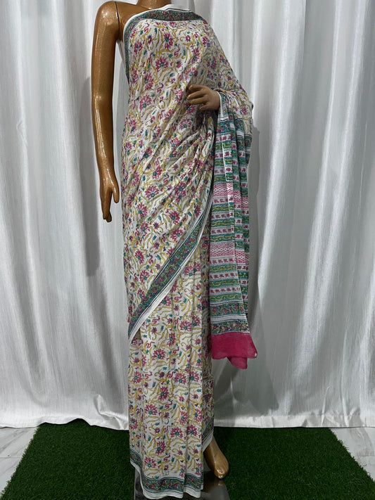 Bagru Cotton Hand Block Printed Saree With Blouse Piece - BFSGC79