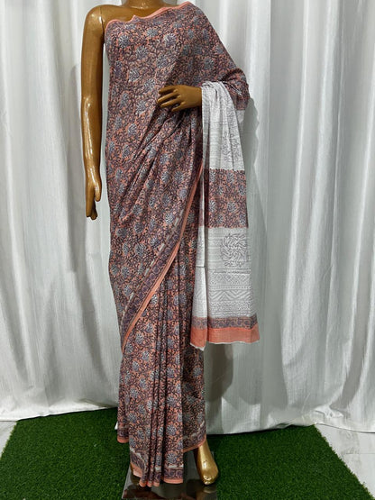 Bagru Cotton Hand Block Printed Saree With Blouse Piece - BFSGC82