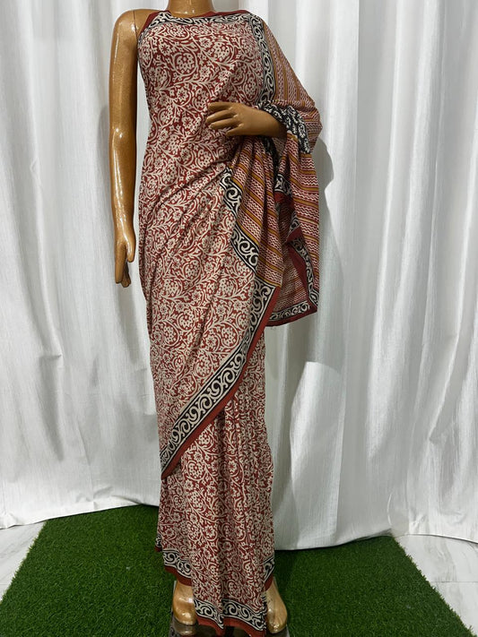 Bagru Cotton Hand Block Printed Saree With Blouse Piece - BFSGC84