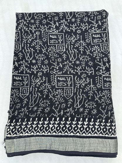 Kalamkari Black Hand Block Linen Cotton Saree With Blouse Piece - BFSGLC100