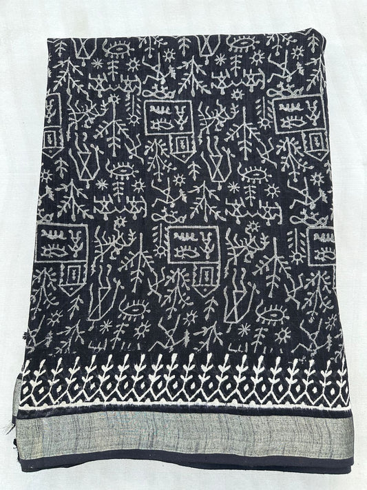 Kalamkari Black Hand Block Linen Cotton Saree With Blouse Piece - BFSGLC100