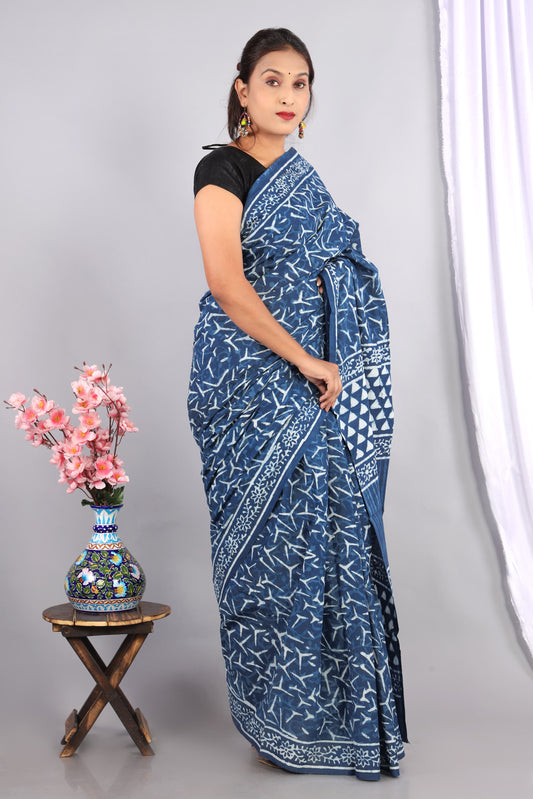 Indigo Dabu Hand Block Printed Cotton Saree With Blouse Piece - BFSGC68