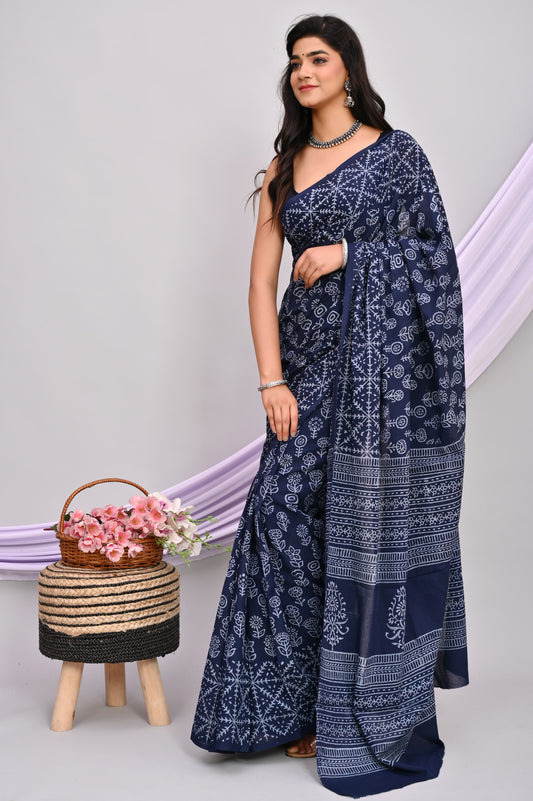 Indigo Dabu Hand Block Printed Cotton Saree With Blouse Piece - BFSGC69