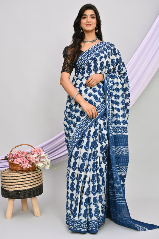 Indigo Dabu Hand Block Printed Cotton Saree With Blouse Piece - BFSGC70