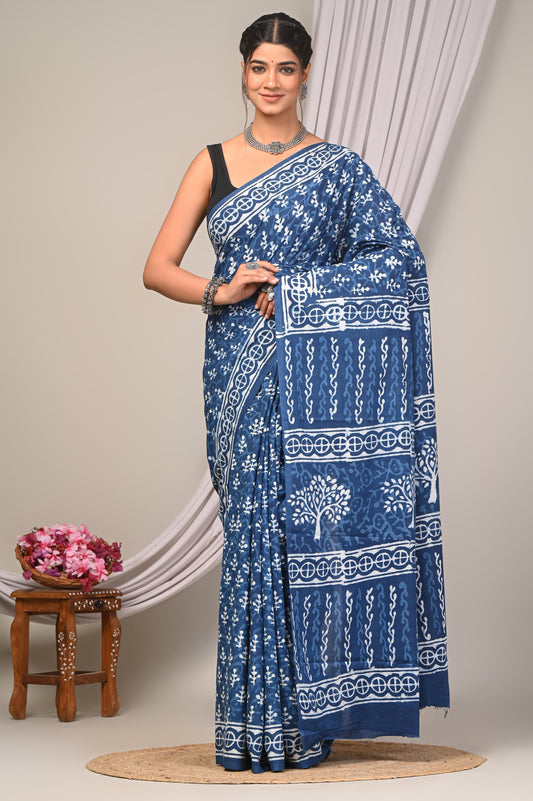 Indigo Dabu Hand Block Printed Cotton Saree With Blouse Piece - BFSGC61