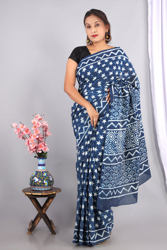 Indigo Dabu Hand Block Printed Cotton Saree With Blouse Piece - BFSGC64