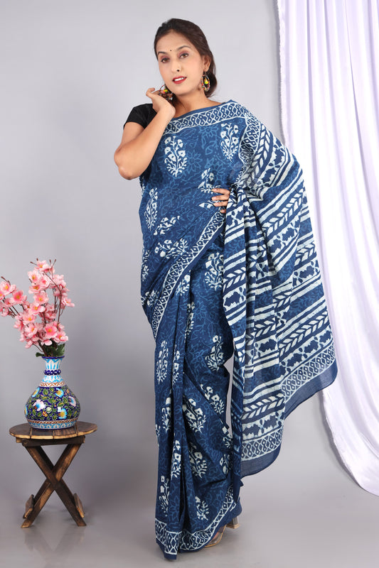 Indigo Dabu Hand Block Printed Cotton Saree With Blouse Piece - BFSGC65